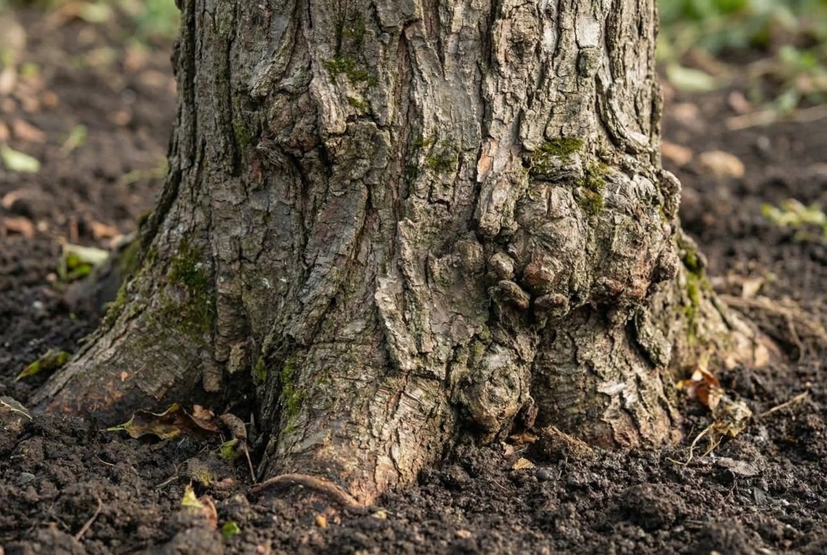 Tronc massif d'arbre enraciné